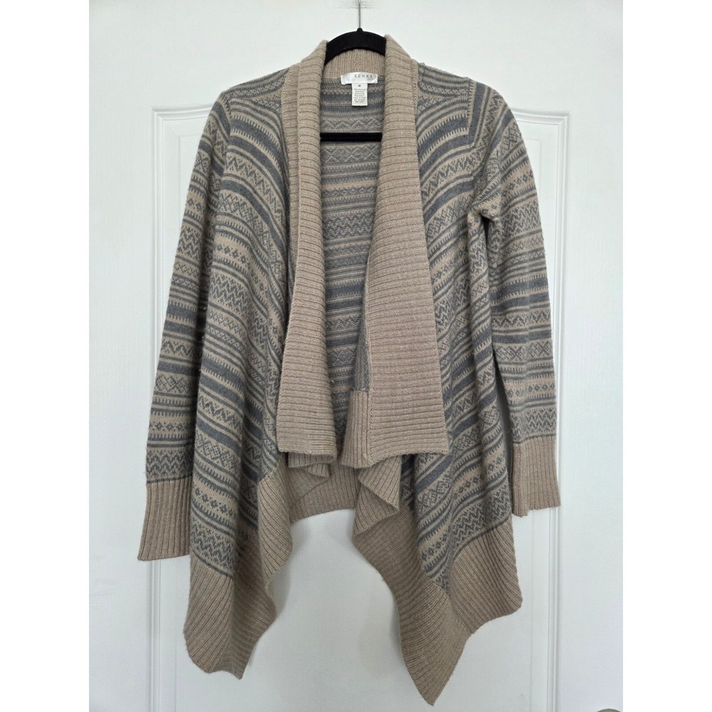 KENAR Women's Gray Beige Fair Isle Cardigan Sweater Waterfall Draped‎ Size M